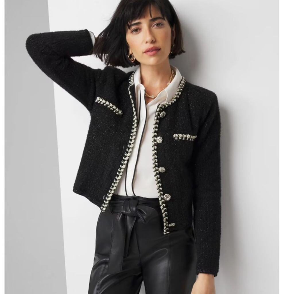 WHITE HOUSE BLACK MARKET Black and White Tweedy Sweater Jacket Small Crop Cardi